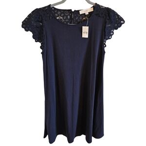 Loft NWT Woman SZ S Navy Jersey and Lace Shift Dress Short Lace Sleeve Open Back